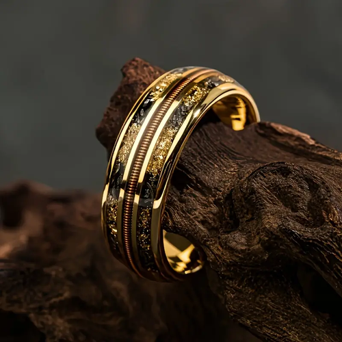 High quality tungsten steel men's gold-plated ring with guitar string band ring
