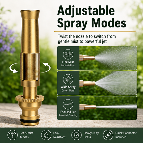 Brass Garden Hose Nozzle Set 🌟 Adjustable Water Spray Modes – Durable Metal Jet & Mist Sprayer for Garden, Car Wash & Plant Care