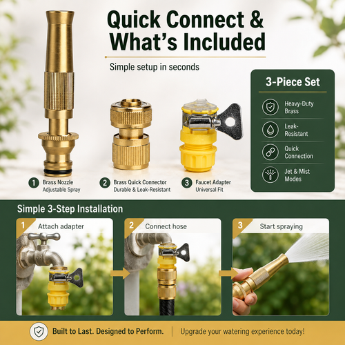 Brass Garden Hose Nozzle Set 🌟 Adjustable Water Spray Modes – Durable Metal Jet & Mist Sprayer for Garden, Car Wash & Plant Care