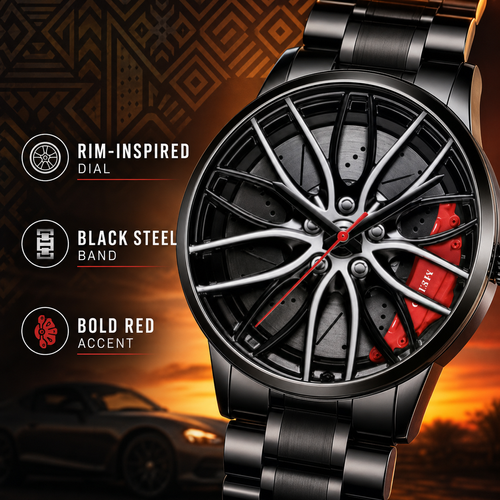 Rim Wheel Design Men Watch ⌚ Black Steel Quartz Sport Watch
