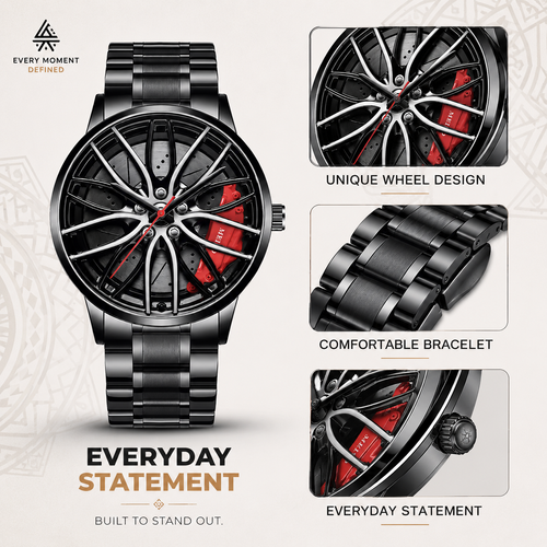 Rim Wheel Design Men Watch ⌚ Black Steel Quartz Sport Watch