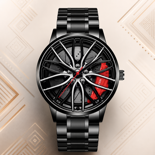 Rim Wheel Design Men Watch ⌚ Black Steel Quartz Sport Watch