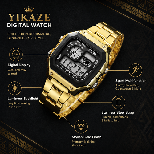 Gold Digital Sports Watch ⌚ Multifunction Stainless Steel Watch