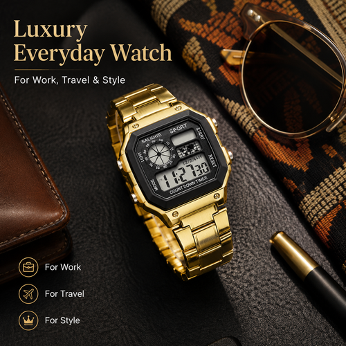 Gold Digital Sports Watch ⌚ Multifunction Stainless Steel Watch