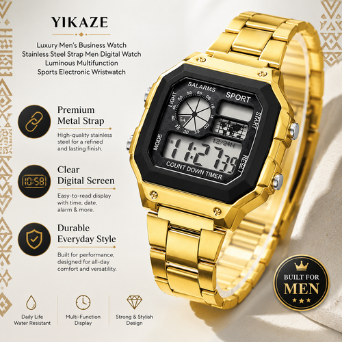 Gold Digital Sports Watch ⌚ Multifunction Stainless Steel Watch