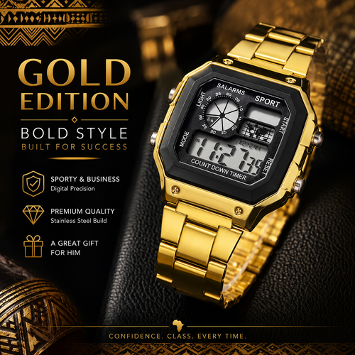 Gold Digital Sports Watch ⌚ Multifunction Stainless Steel Watch