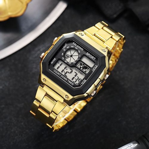 Gold Digital Sports Watch ⌚ Multifunction Stainless Steel Watch
