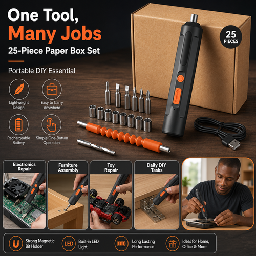 25 Piece USB Rechargeable Electric Screwdriver Set 🔧 Paper Box Kit