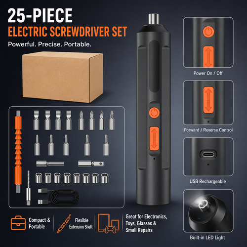 25 Piece USB Rechargeable Electric Screwdriver Set 🔧 Paper Box Kit
