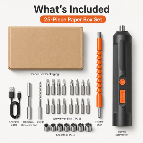 25 Piece USB Rechargeable Electric Screwdriver Set 🔧 Paper Box Kit