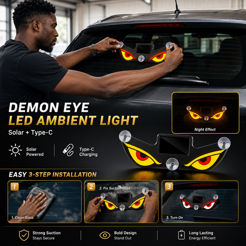 Demon Eye LED Car Ambient Light 👁️ Solar + Type-C Rear Window Light