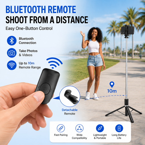 1.7M Selfie Stick Tripod 📸 Bluetooth Remote + Fill Light