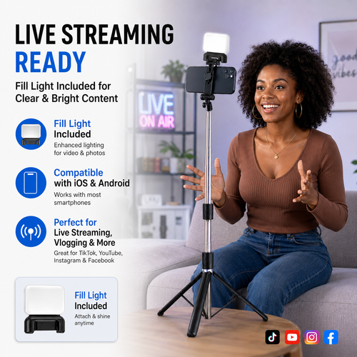1.7M Selfie Stick Tripod 📸 Bluetooth Remote + Fill Light