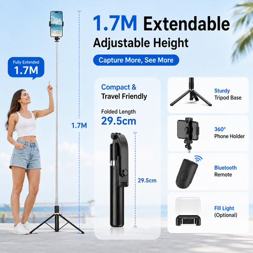 1.7M Selfie Stick Tripod 📸 Bluetooth Remote + Fill Light