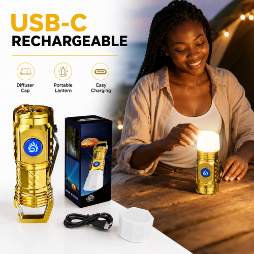 Golden LED Rechargeable Flashlight USB-C 450LM Portable Camping Torch for Outdoor, Emergency & Daily Use