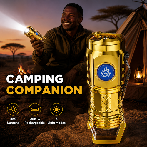 Golden LED Rechargeable Flashlight USB-C 450LM Portable Camping Torch for Outdoor, Emergency & Daily Use