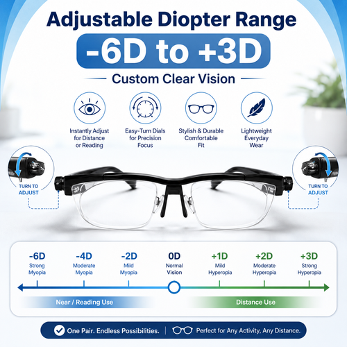 Adjustable Focus Glasses -6D to +3D Self-Adjusting Eyewear for Reading & Distance Vision Unisex Lightweight Glasses