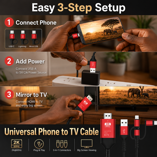 Phone to TV HDMI Cable 1080P 60Hz Universal Screen Mirroring Adapter for iPhone Android Plug and Play HDTV Display Cable
