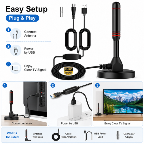 Digital TV Antenna Indoor Outdoor HD 1080P DVB-T2 DTMB Signal Booster TV Antenna with Amplifier Free Local Channels Reception