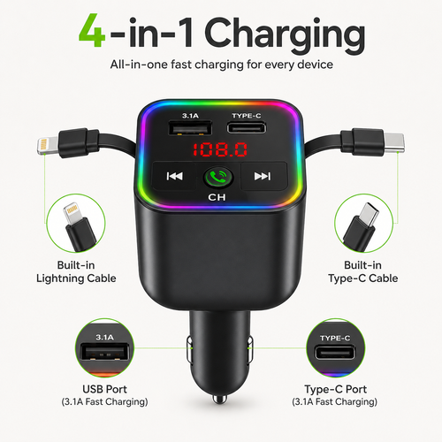 Y3 4-in-1 Retractable Car Charger 120W Fast Charging Bluetooth FM Transmitter LED Display USB Type-C Lightning Car Adapter for iPhone Android