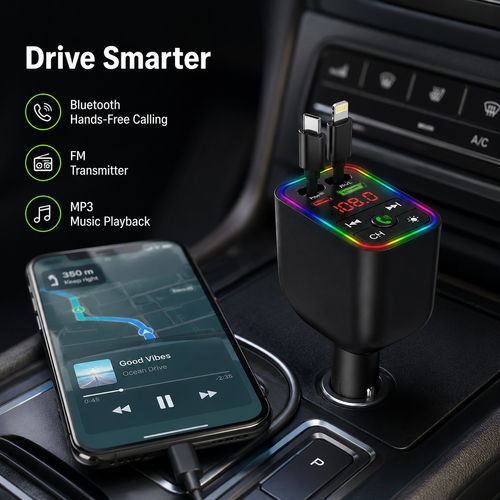 Y3 4-in-1 Retractable Car Charger 120W Fast Charging Bluetooth FM Transmitter LED Display USB Type-C Lightning Car Adapter for iPhone Android