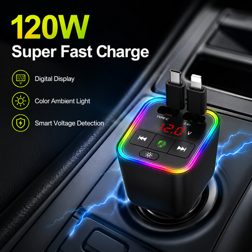 Y3 4-in-1 Retractable Car Charger 120W Fast Charging Bluetooth FM Transmitter LED Display USB Type-C Lightning Car Adapter for iPhone Android