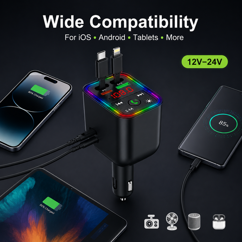 Y3 4-in-1 Retractable Car Charger 120W Fast Charging Bluetooth FM Transmitter LED Display USB Type-C Lightning Car Adapter for iPhone Android