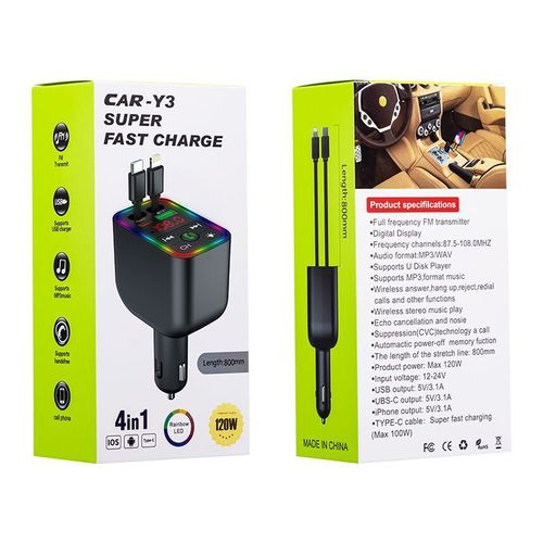Y3 4-in-1 Retractable Car Charger 120W Fast Charging Bluetooth FM Transmitter LED Display USB Type-C Lightning Car Adapter for iPhone Android