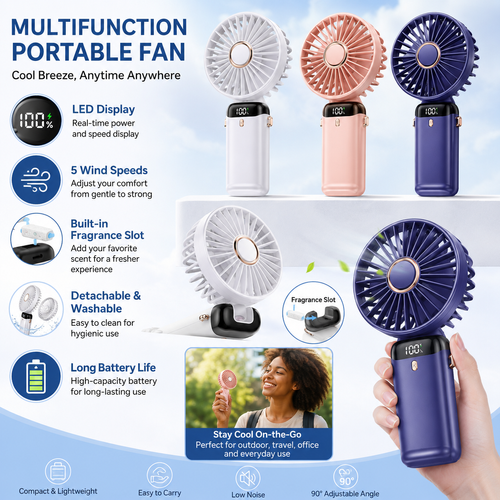 Portable Neck Fan Rechargeable Mini Cooling Fan 5 Speed LED Display Handheld Desktop Wearable 3 in 1 Summer Cooling Fan