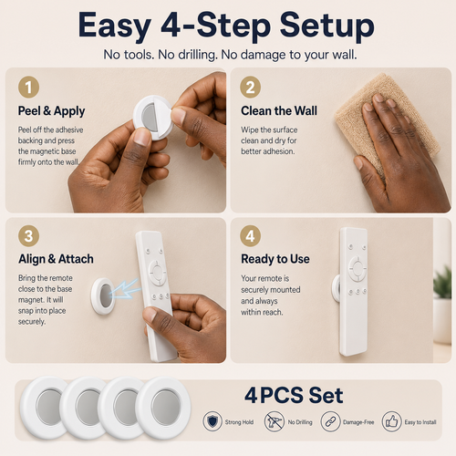 4PCS Magnetic Remote Control Holder No Drill Wall Mount Remote Organizer Strong Adhesive TV AC Remote Storage Space Saving Home Organizer