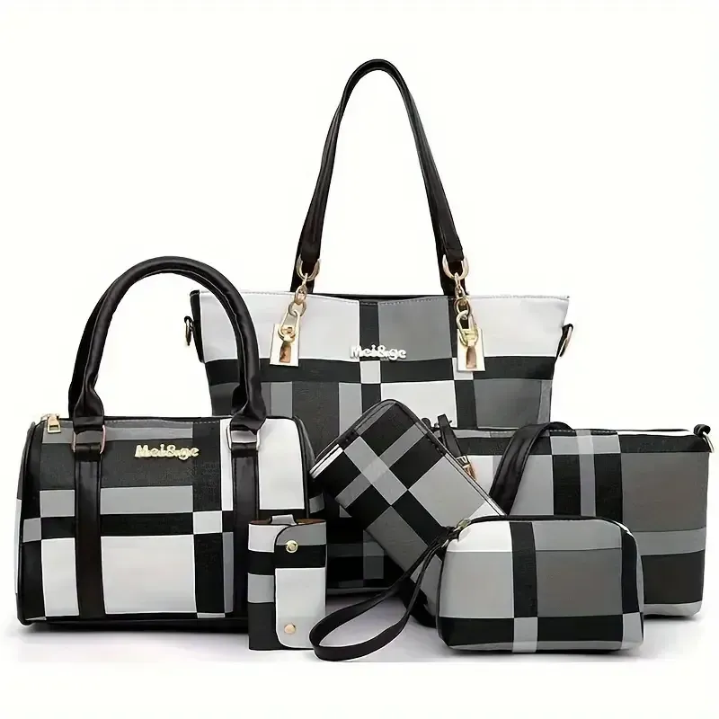 6pcs-set Large Capacity Shoulder Bag with Checkered Pattern and Multiple Functions: Handbag, Crossbody Bag, Clutch Bag, Long & Short Wallet