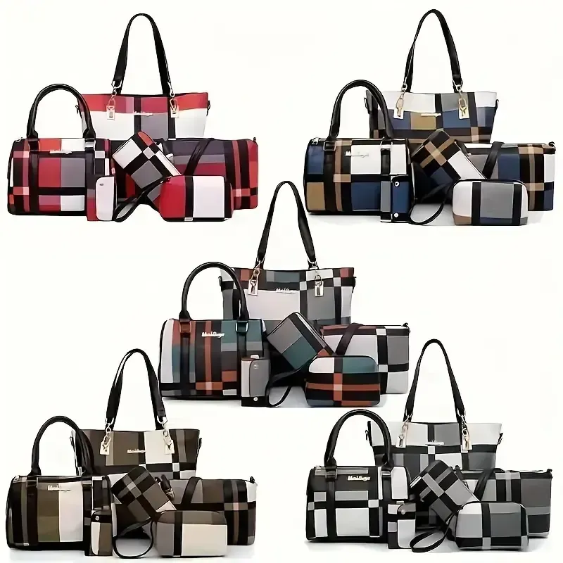 6pcs-set Large Capacity Shoulder Bag with Checkered Pattern and Multiple Functions: Handbag, Crossbody Bag, Clutch Bag, Long & Short Wallet
