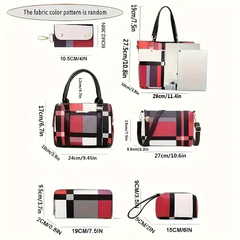 6pcs-set Large Capacity Shoulder Bag with Checkered Pattern and Multiple Functions: Handbag, Crossbody Bag, Clutch Bag, Long & Short Wallet