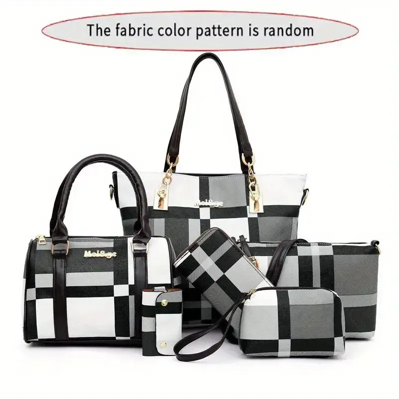 6pcs-set Large Capacity Shoulder Bag with Checkered Pattern and Multiple Functions: Handbag, Crossbody Bag, Clutch Bag, Long & Short Wallet