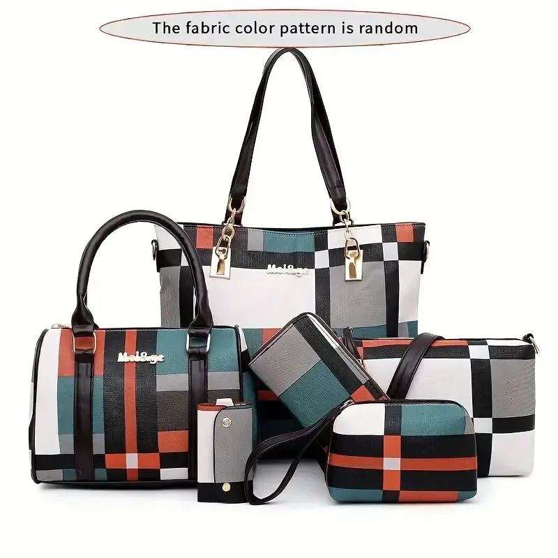 6pcs-set Large Capacity Shoulder Bag with Checkered Pattern and Multiple Functions: Handbag, Crossbody Bag, Clutch Bag, Long & Short Wallet