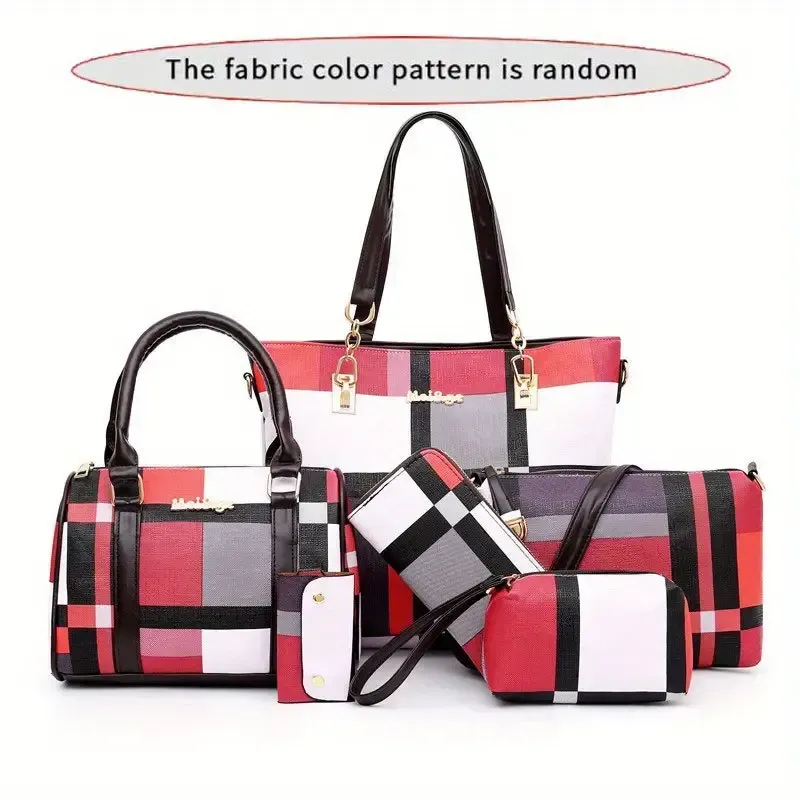 6pcs-set Large Capacity Shoulder Bag with Checkered Pattern and Multiple Functions: Handbag, Crossbody Bag, Clutch Bag, Long & Short Wallet