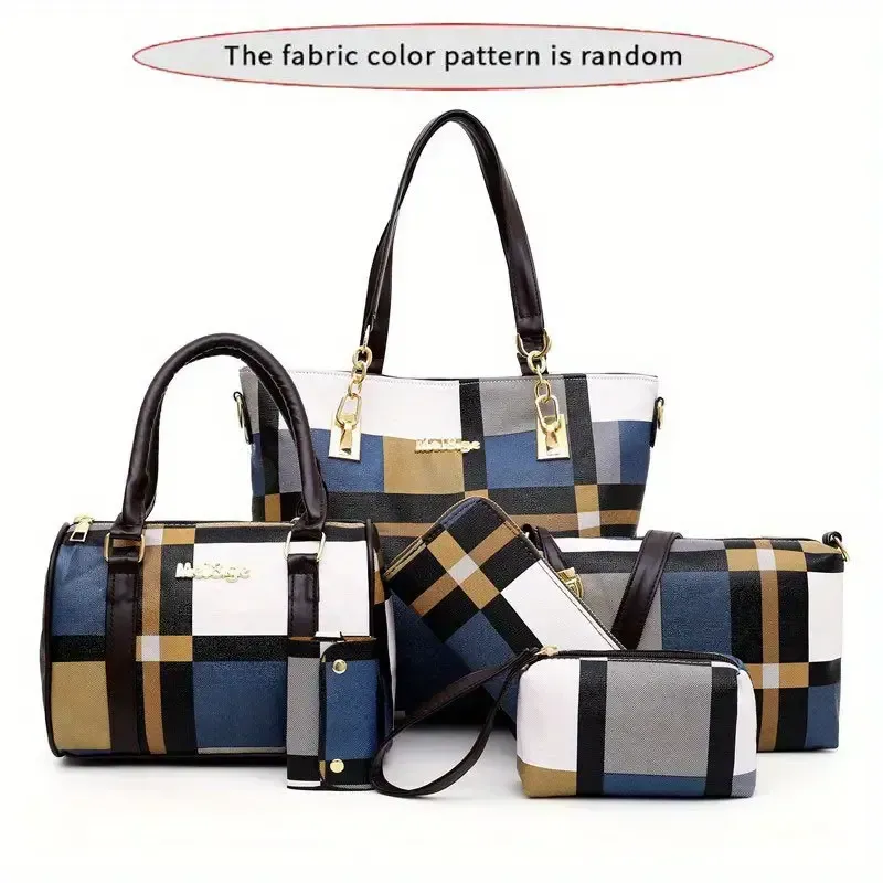 6pcs-set Large Capacity Shoulder Bag with Checkered Pattern and Multiple Functions: Handbag, Crossbody Bag, Clutch Bag, Long & Short Wallet