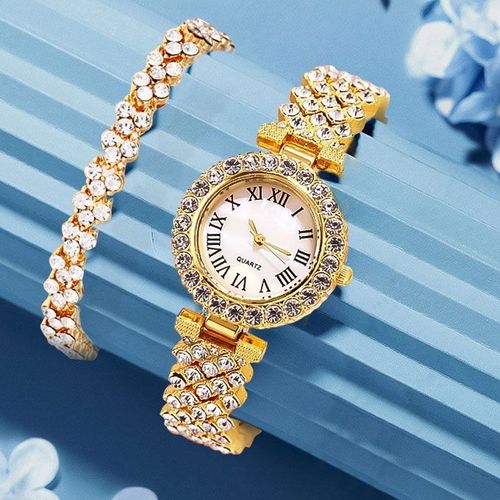 Elegant Studed Ladies Wristwatch With Hand Chain-Gold