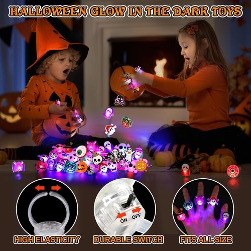 50pcs Halloween Party Favors for Kids Adults Gifts Halloween Treats LED Light Up Rings Flash Rings Glow In The Dark Party Supplies Goodie Non Candy Bag Filler Treats Prizes Decorations