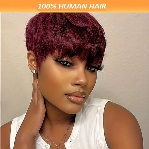w'xChic 6-Inch Pixie Cut Wig with Bangs in Vibrant Red 99J Burgundy 复制