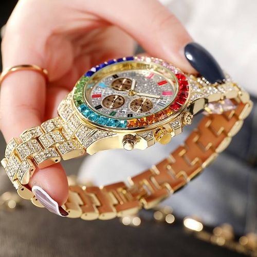 Crystal Inlaid Quartz Watch Calendar Men Women's Watch Hip-hop Colorful Watch Jewelry