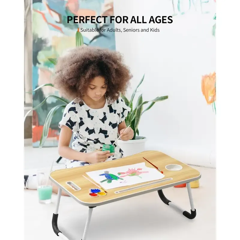 Foldable Laptop Table, Portable Lap Desk Bed Table Tray, Laptop Stand with Cup Holder & Tablet Slot & Lifting Handle for Working Writing Drawing & Eating