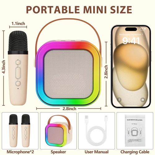 Mini karaoke machine with microphone sound system, portable karaoke machine with 2 wireless microphones, birthday gifts for girls and children aged 4-12, family gatherings,