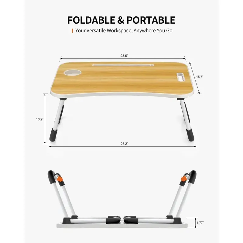 Foldable Laptop Table, Portable Lap Desk Bed Table Tray, Laptop Stand with Cup Holder & Tablet Slot & Lifting Handle for Working Writing Drawing & Eating