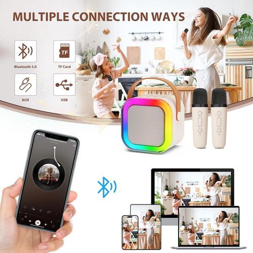 Mini karaoke machine with microphone sound system, portable karaoke machine with 2 wireless microphones, birthday gifts for girls and children aged 4-12, family gatherings,