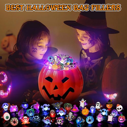 50pcs Halloween Party Favors for Kids Adults Gifts Halloween Treats LED Light Up Rings Flash Rings Glow In The Dark Party Supplies Goodie Non Candy Bag Filler Treats Prizes Decorations
