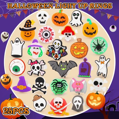 50pcs Halloween Party Favors for Kids Adults Gifts Halloween Treats LED Light Up Rings Flash Rings Glow In The Dark Party Supplies Goodie Non Candy Bag Filler Treats Prizes Decorations