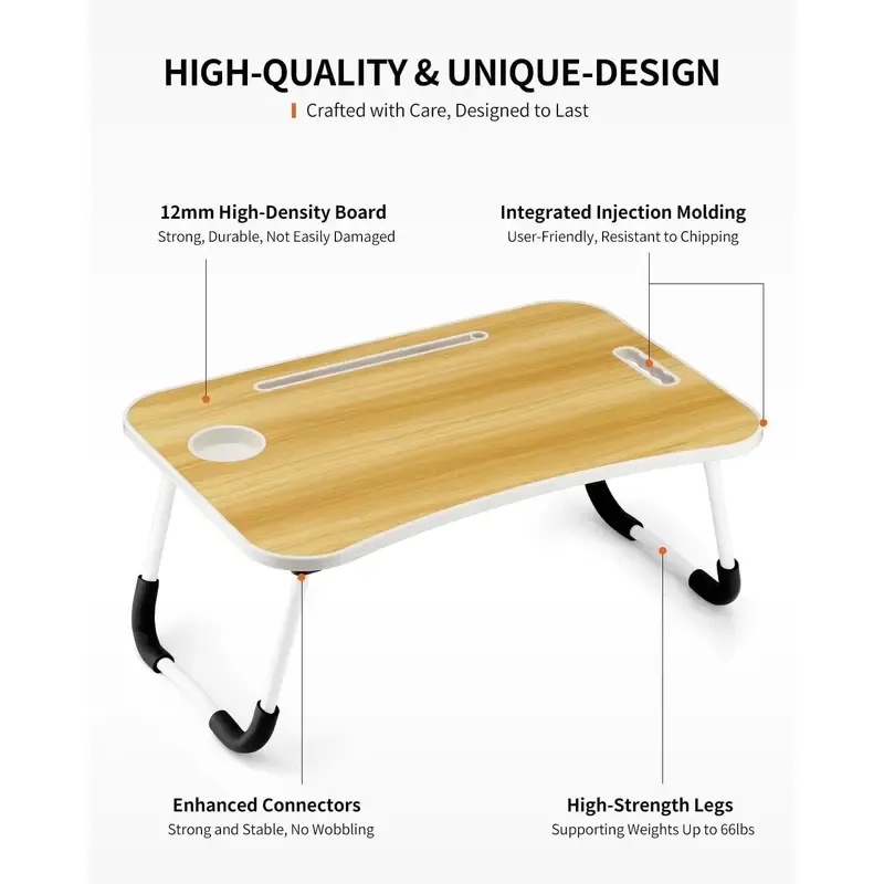 Foldable Laptop Table, Portable Lap Desk Bed Table Tray, Laptop Stand with Cup Holder & Tablet Slot & Lifting Handle for Working Writing Drawing & Eating