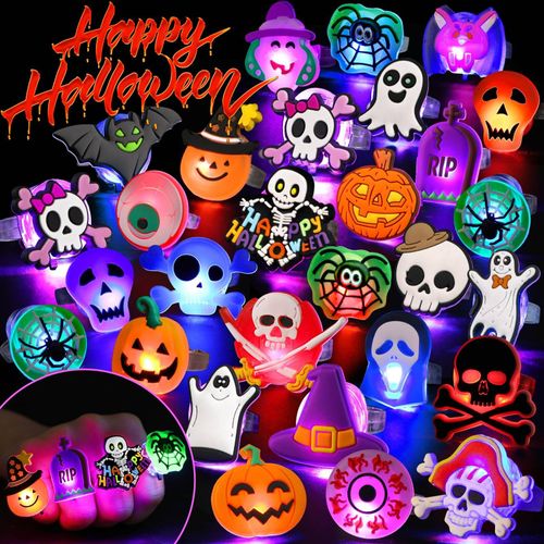 50pcs Halloween Party Favors for Kids Adults Gifts Halloween Treats LED Light Up Rings Flash Rings Glow In The Dark Party Supplies Goodie Non Candy Bag Filler Treats Prizes Decorations