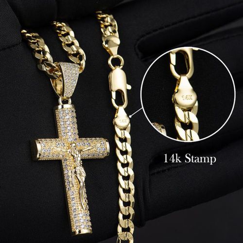 14K Real Gold-Plated Cross Necklace for Men Tarnish-Free Chains with Jesus Crucifix Pendant 24 Christian Religious Jewelry Gift